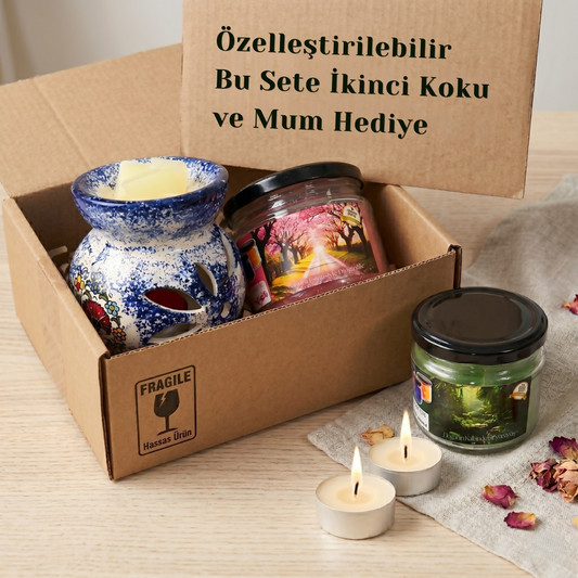 Çini Desenli Seramik Buhurdanlık + 2 Adet Kokulu Mum Hediye Seti | İkinci Koku & Tealight Hediyeli | Ücretsiz Kargo