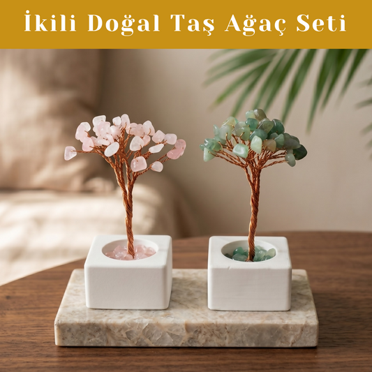 El Yapımı Doğal Taş Ağacı 2'li Set | Sevgililere & Yeni Eve Hediye | Modern Tasarım