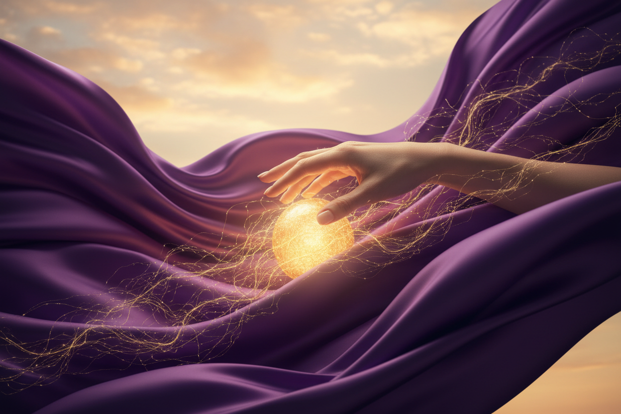 Artistic photography capturing a moment of connection. A graceful human hand is gently reaching into flowing, luxurious deep purple silk fabric that is floating in the wind against a soft warm golden hour sky. The hand is delicately touching or cupping a glowing, magical golden light orb nestled within the silk folds, symbolizing care, craftsmanship, and soul. Where the hand touches the fabric, some threads turn into shimmering golden fibers. Cinematic lighting emphasizing skin texture and silk, ethereal at