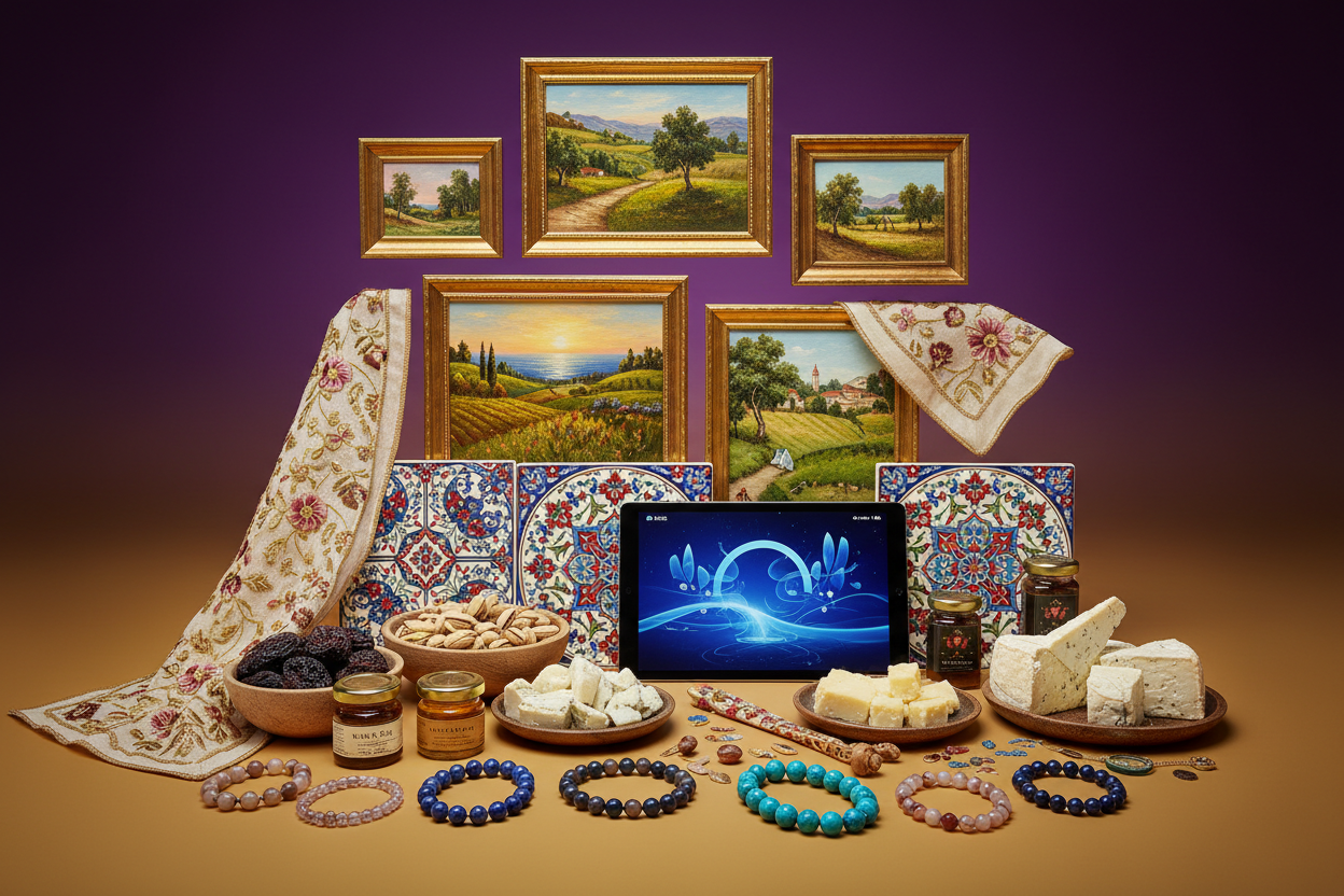 Doğaltaş bileklikler, doğal lezzetler, dijital deneyimler, çiniler, doğa manzarası tablolar el işlemeleri var, elegant bir hava arka plan koyu mor - koyu altın sarısı