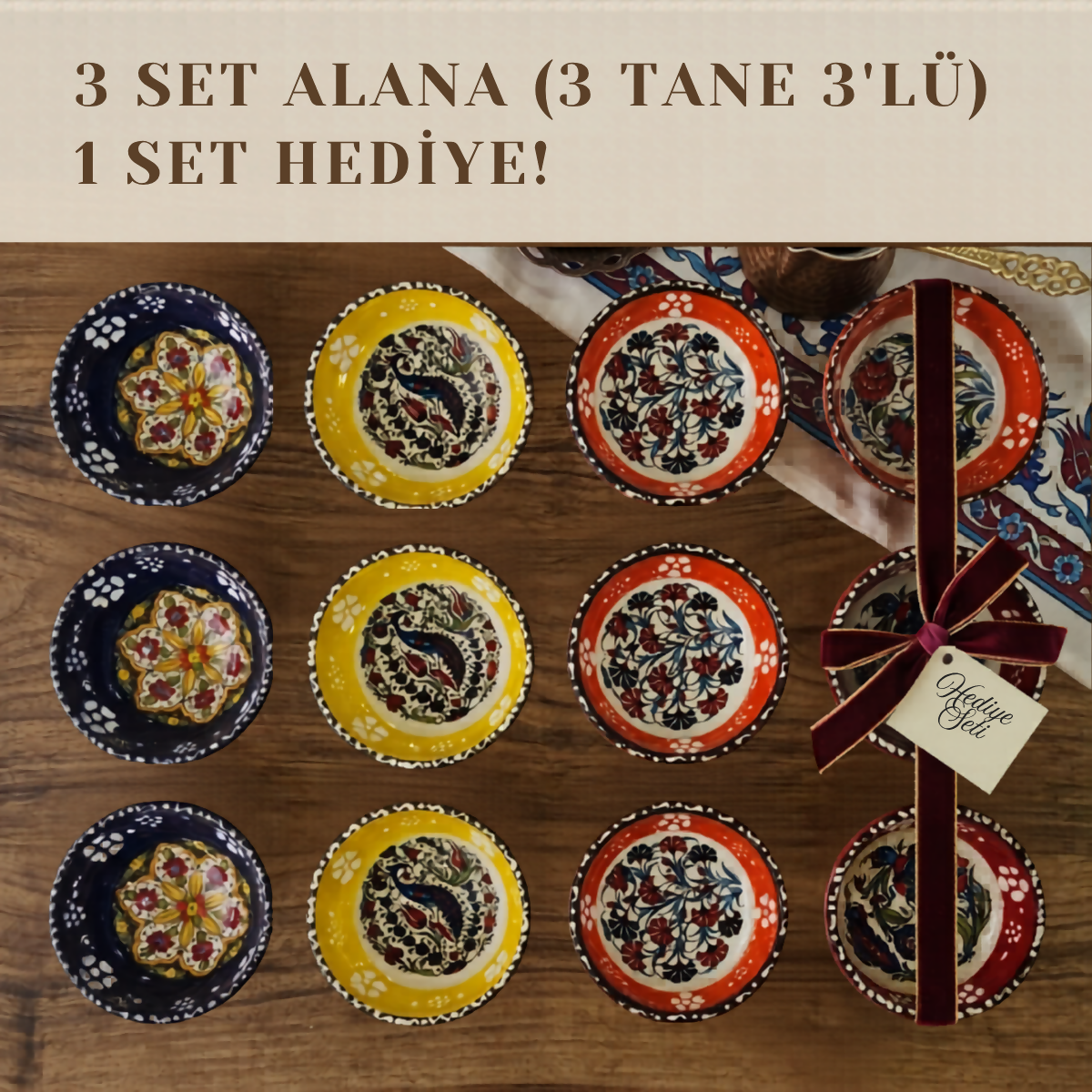 El Yapımı Çini Kase Seti — 3'lü Set | Geleneksel Türk Motifleri | 3 Set Alana 1 Set Hediye + Ücretsiz