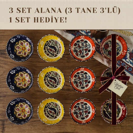 El Yapımı Çini Kase Seti — 3'lü Set | Geleneksel Türk Motifleri | 3 Set Alana 1 Set Hediye + Ücretsiz