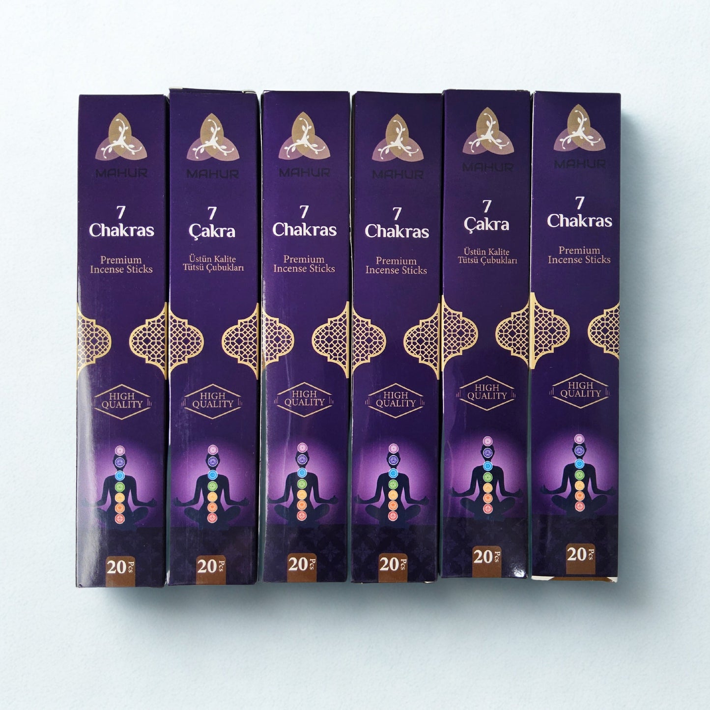Mahur 7 Çakra Premium Tütsü Çubukları - 6 Paket x 20 Adet (Toplam 120 Çubuk) - Meditasyon ve Yoga İçin Yüksek Kaliteli Tütsü Seti