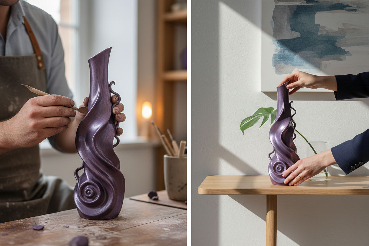 Bir yanda mor bir vazo yapılıyor çok özel ve sıradışı bir tasarım, diğer yanda birinin şık bir odasınd o vazo yerini alıyor, sadece insanların elleri görünsün