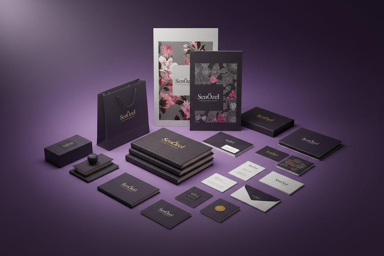 Dijital Baskı ürünler, herbirinin üstünde SenÖzel yazıyor. Arkaplan mor