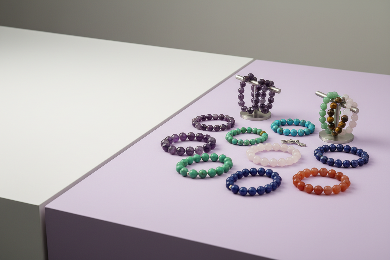 çeşit çeşit doğal taşlardan yapılmış bileklikler ekranın sadece sağ kısmında, arkaplan mor(biraz açık mor ve sol taraft boş beyaz ve arkaplan iki masa gibi gerçekçi)