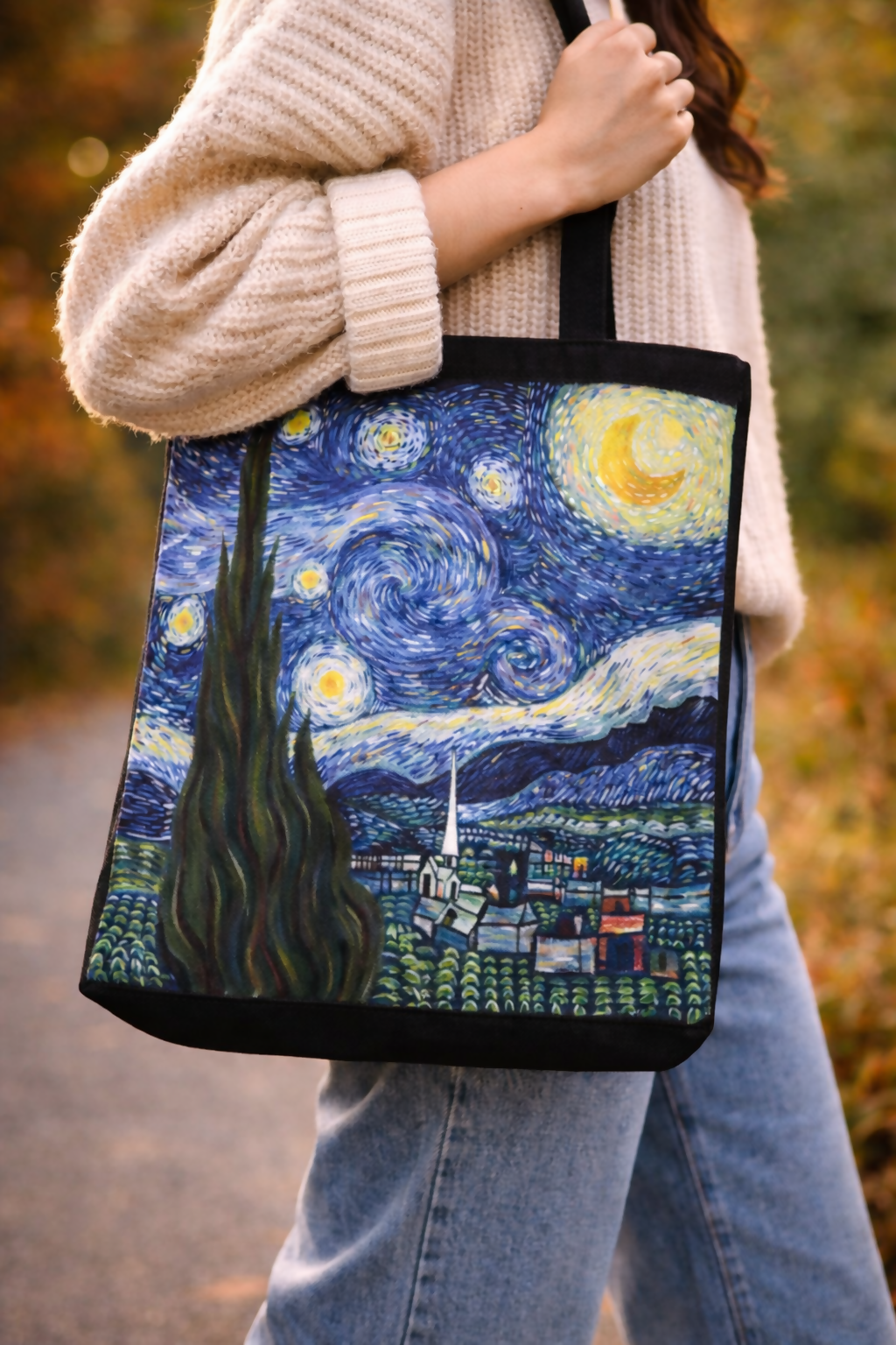 El Boyaması Yıldızlı Gece Bez Çanta | Van Gogh Kanvas Çanta