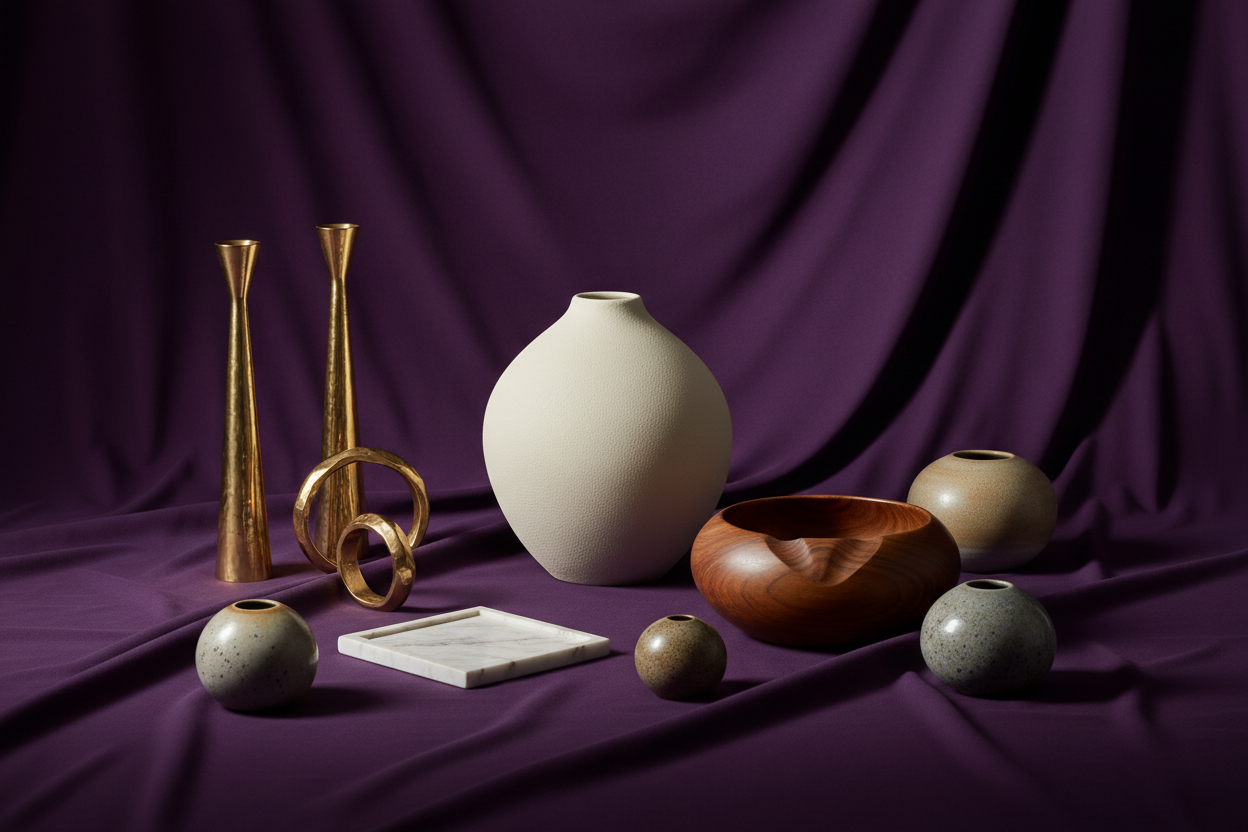 lüks dekoratif el yapımı ev objeleri, arkaplan mor