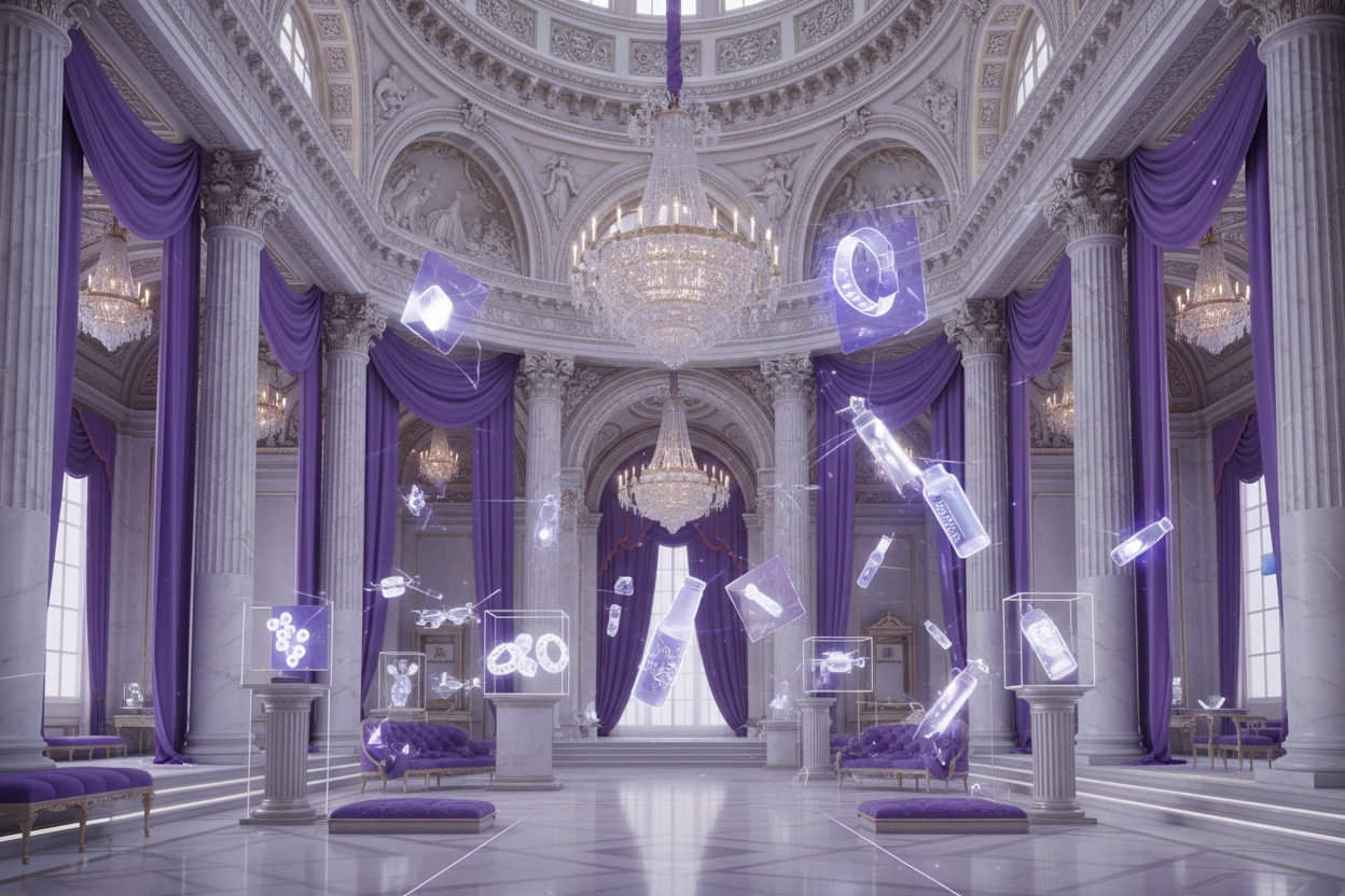 mor-beyaz bir sarayın içinde hologramik ürünler var