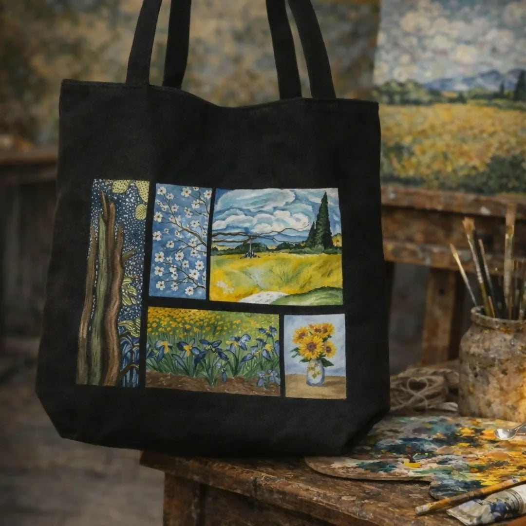 Van Gogh Temalı Bez Çanta | El Yapımı Kanvas Çanta