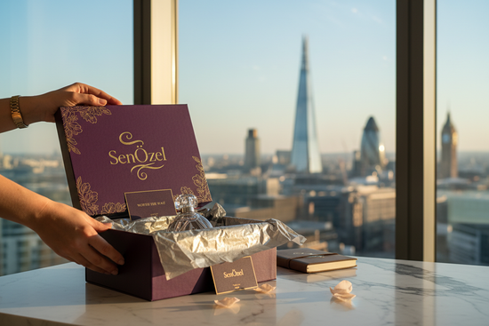 Sahne: Gün ışığı alan, modern ve global bir mimariye sahip (arkada flu bir şehir silüeti olabilir veya lüks bir pencere kenarı) bir alan.

Obje: SenÖzel'in imza mor kutusu (üzerinde altın varak logo parlıyor). Kutu hafifçe aralanmış, içinden çıkan ürünün parıltısı ve pelur kağıtları görünüyor.

Hissiyat: 