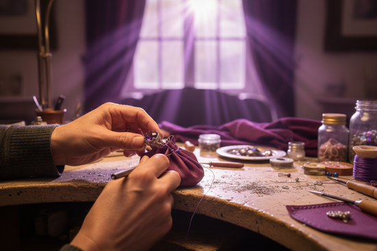 Sahne: iç açıcı sıcak ışıkla aydınlanmış, hafif dağınık ama estetik bir atölye tezgahı.

Aksiyon: Görmüş geçirmiş, tecrübeli eller (belki hafif tozlu), çok detaylı bir parçayı (örneğin mor bir doğal taşı gümüşe mıhlarken veya mor bir deriyi dikerken) tutuyor.

Renk & Atmosfer: Arka planda flus (bokeh) alanlarda mor ışık hüzmeleri veya mor kadife kumaşlar görünüyor. Odak tamamen ellerde ve emekte.
