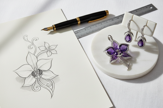 Sahne: Şık bir masaüstü (üstten veya açılı çekim).

Kompozisyon: Masanın bir tarafında karakalem veya sulu boya ile çizilmiş zarif bir takı/obje eskizi duruyor. Hemen yanında ise o eskizin bitmiş, parlayan gerçek hali (mor detaylı ürün) duruyor.

Detay: Bir dolma kalem, bir cetvel veya bir tablet kalemi de karede olabilir.