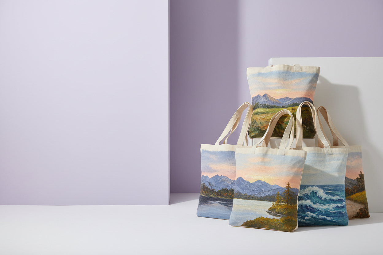 sanatsal manzara tabloları boyanmış bez çantalar ekranın sadece sağ kısmında, arkaplan mor(biraz açık mor)